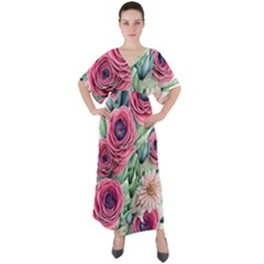 Majestic Watercolor Flowers V-neck Boho Style Maxi Dress by GardenOfOphir