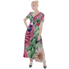 Majestic Watercolor Flowers Button Up Short Sleeve Maxi Dress