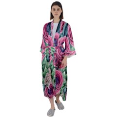 Majestic Watercolor Flowers Maxi Satin Kimono by GardenOfOphir