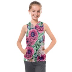 Majestic Watercolor Flowers Kids  Sleeveless Hoodie by GardenOfOphir