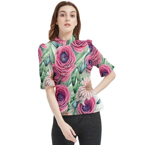 Majestic Watercolor Flowers Frill Neck Blouse by GardenOfOphir