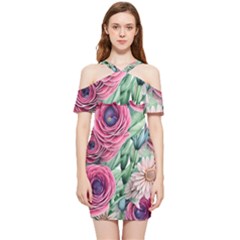 Majestic Watercolor Flowers Shoulder Frill Bodycon Summer Dress by GardenOfOphir