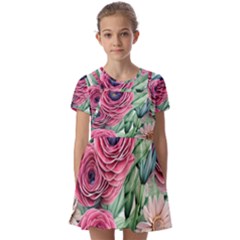 Majestic Watercolor Flowers Kids  Short Sleeve Pinafore Style Dress by GardenOfOphir