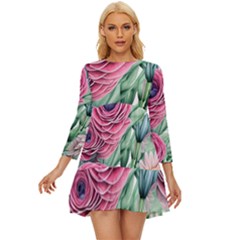 Majestic Watercolor Flowers Long Sleeve Babydoll Dress by GardenOfOphir