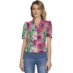 Majestic Watercolor Flowers Puffed Short Sleeve Button Up Jacket