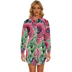 Majestic Watercolor Flowers Womens Long Sleeve Shirt Dress