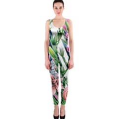 Sumptuous Watercolor Flowers One Piece Catsuit by GardenOfOphir