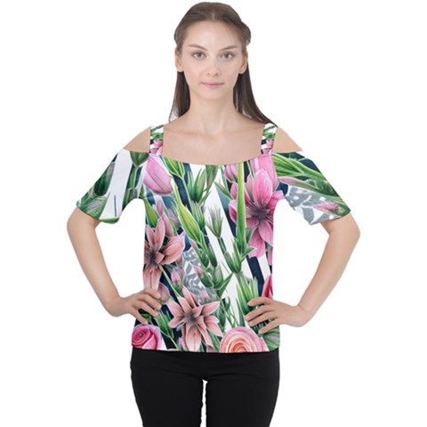 Sumptuous Watercolor Flowers Cutout Shoulder Tee by GardenOfOphir