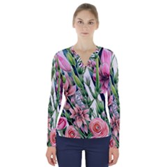 Sumptuous Watercolor Flowers V-neck Long Sleeve Top by GardenOfOphir