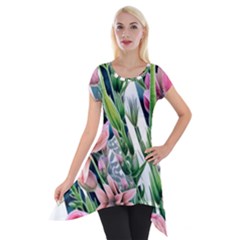 Sumptuous Watercolor Flowers Short Sleeve Side Drop Tunic by GardenOfOphir