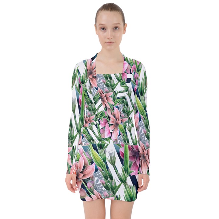 Sumptuous watercolor flowers V-neck Bodycon Long Sleeve Dress