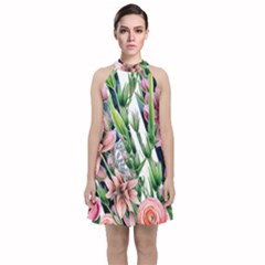 Sumptuous Watercolor Flowers Velvet Halter Neckline Dress  by GardenOfOphir