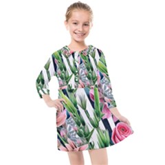 Sumptuous Watercolor Flowers Kids  Quarter Sleeve Shirt Dress by GardenOfOphir