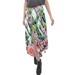 Sumptuous Watercolor Flowers Velour Split Maxi Skirt by GardenOfOphir