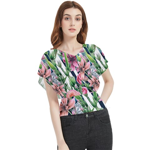 Sumptuous Watercolor Flowers Butterfly Chiffon Blouse by GardenOfOphir