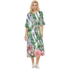 Sumptuous Watercolor Flowers Double Cuff Midi Dress by GardenOfOphir