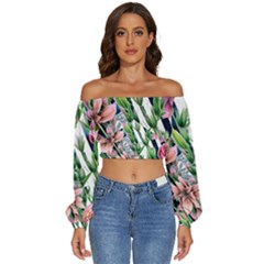 Sumptuous Watercolor Flowers Long Sleeve Crinkled Weave Crop Top by GardenOfOphir