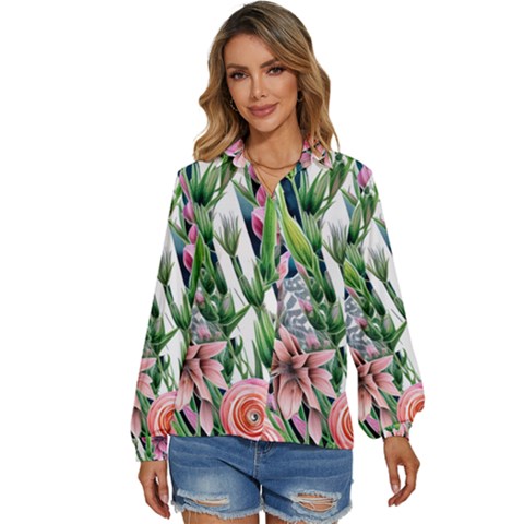 Sumptuous Watercolor Flowers Women s Long Sleeve Button Down Shirt by GardenOfOphir