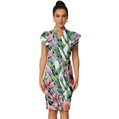 Sumptuous Watercolor Flowers Vintage Frill Sleeve V-neck Bodycon Dress