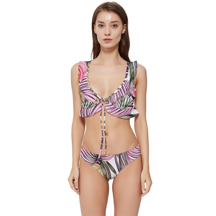 Charming and Cheerful Watercolor Flowers Low Cut Ruffle Edge Bikini Set