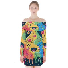 Rainbows Drip Dripping Paint Happy Long Sleeve Off Shoulder Dress by Ravend