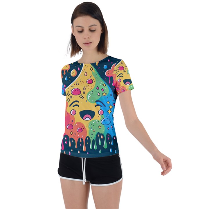 Rainbows Drip Dripping Paint Happy Back Circle Cutout Sports Tee