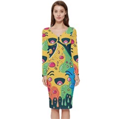 Rainbows Drip Dripping Paint Happy Long Sleeve V-neck Bodycon Dress  by Ravend