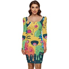 Rainbows Drip Dripping Paint Happy Women Long Sleeve Ruched Stretch Jersey Dress by Ravend