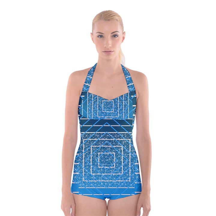 Network Social Abstract Boyleg Halter Swimsuit 