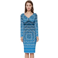 Network Social Abstract Long Sleeve V-Neck Bodycon Dress 