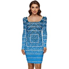 Network Social Abstract Women Long Sleeve Ruched Stretch Jersey Dress