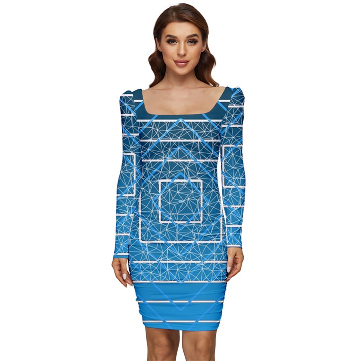 Network Social Abstract Women Long Sleeve Ruched Stretch Jersey Dress