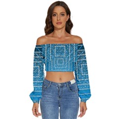 Network Social Abstract Long Sleeve Crinkled Weave Crop Top