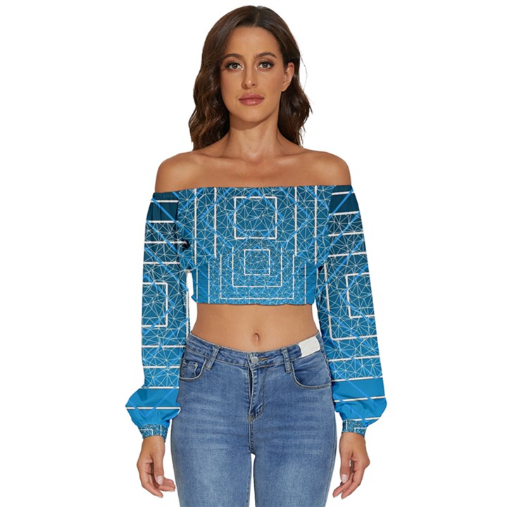 Network Social Abstract Long Sleeve Crinkled Weave Crop Top