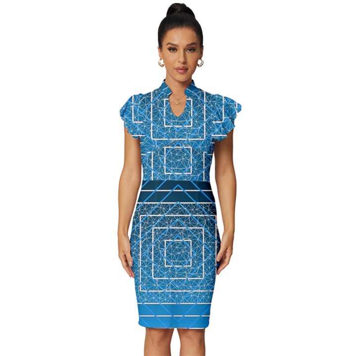 Network Social Abstract Vintage Frill Sleeve V-Neck Bodycon Dress