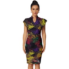 Abstract Painting Colorful Vintage Frill Sleeve V-neck Bodycon Dress