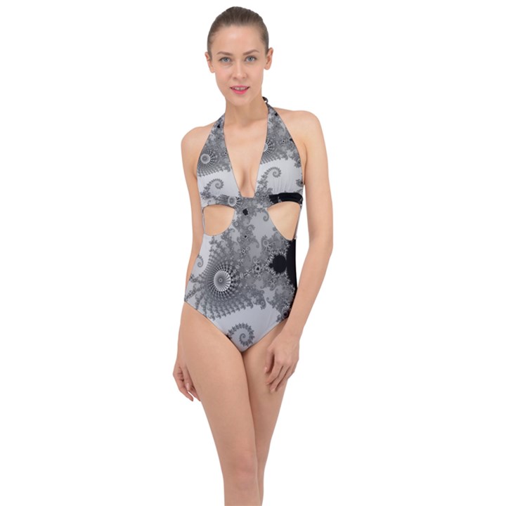 Apple Males Almond Bread Abstract Halter Front Plunge Swimsuit