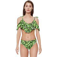 Leaves Nature Monstera Seamless Pattern Repeating Ruffle Edge Tie Up Bikini Set	