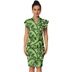 Leaves Nature Monstera Seamless Pattern Repeating Vintage Frill Sleeve V-neck Bodycon Dress