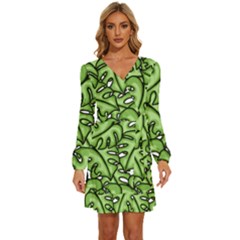 Leaves Nature Monstera Seamless Pattern Repeating Long Sleeve Waist Tie Ruffle Velvet Dress