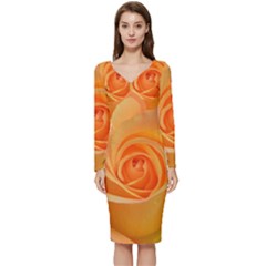 Flower Plant Rose Nature Garden Orange Macro Long Sleeve V-neck Bodycon Dress  by Ravend