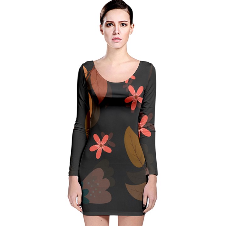 Flowers Leaves Background Floral Plants Foliage Long Sleeve Velvet Bodycon Dress