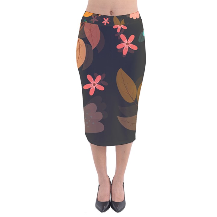 Flowers Leaves Background Floral Plants Foliage Velvet Midi Pencil Skirt