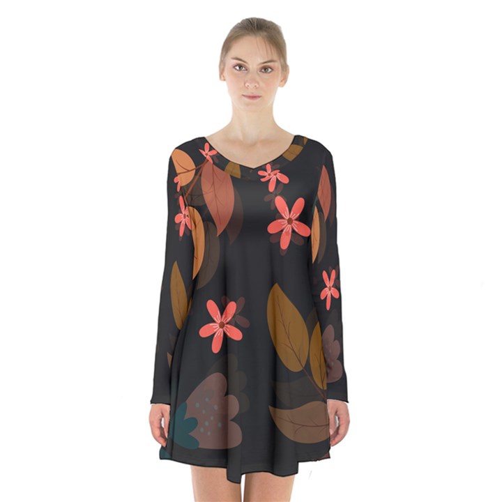 Flowers Leaves Background Floral Plants Foliage Long Sleeve Velvet V-neck Dress