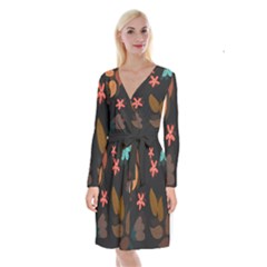 Flowers Leaves Background Floral Plants Foliage Long Sleeve Velvet Front Wrap Dress by Ravend