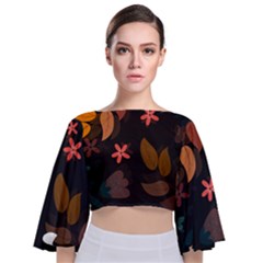 Flowers Leaves Background Floral Plants Foliage Tie Back Butterfly Sleeve Chiffon Top by Ravend