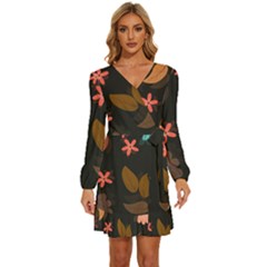 Flowers Leaves Background Floral Plants Foliage Long Sleeve Waist Tie Ruffle Velvet Dress by Ravend