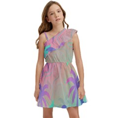 Palm Trees Leaves Plants Tropical Wreath Kids  One Shoulder Party Dress by Ravend