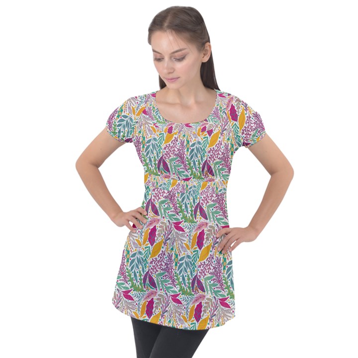 Leaves Colorful Leaves Seamless Design Leaf Puff Sleeve Tunic Top