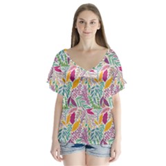 Leaves Colorful Leaves Seamless Design Leaf V-neck Flutter Sleeve Top by Ravend